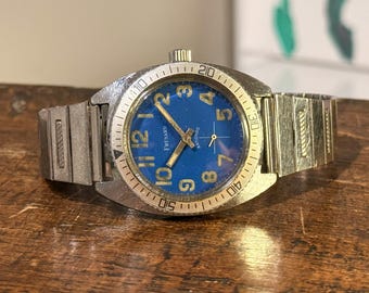 Vintage Fresard  Diver Watch for Men, Blue Dial, Retro Stainless Steel Sports
