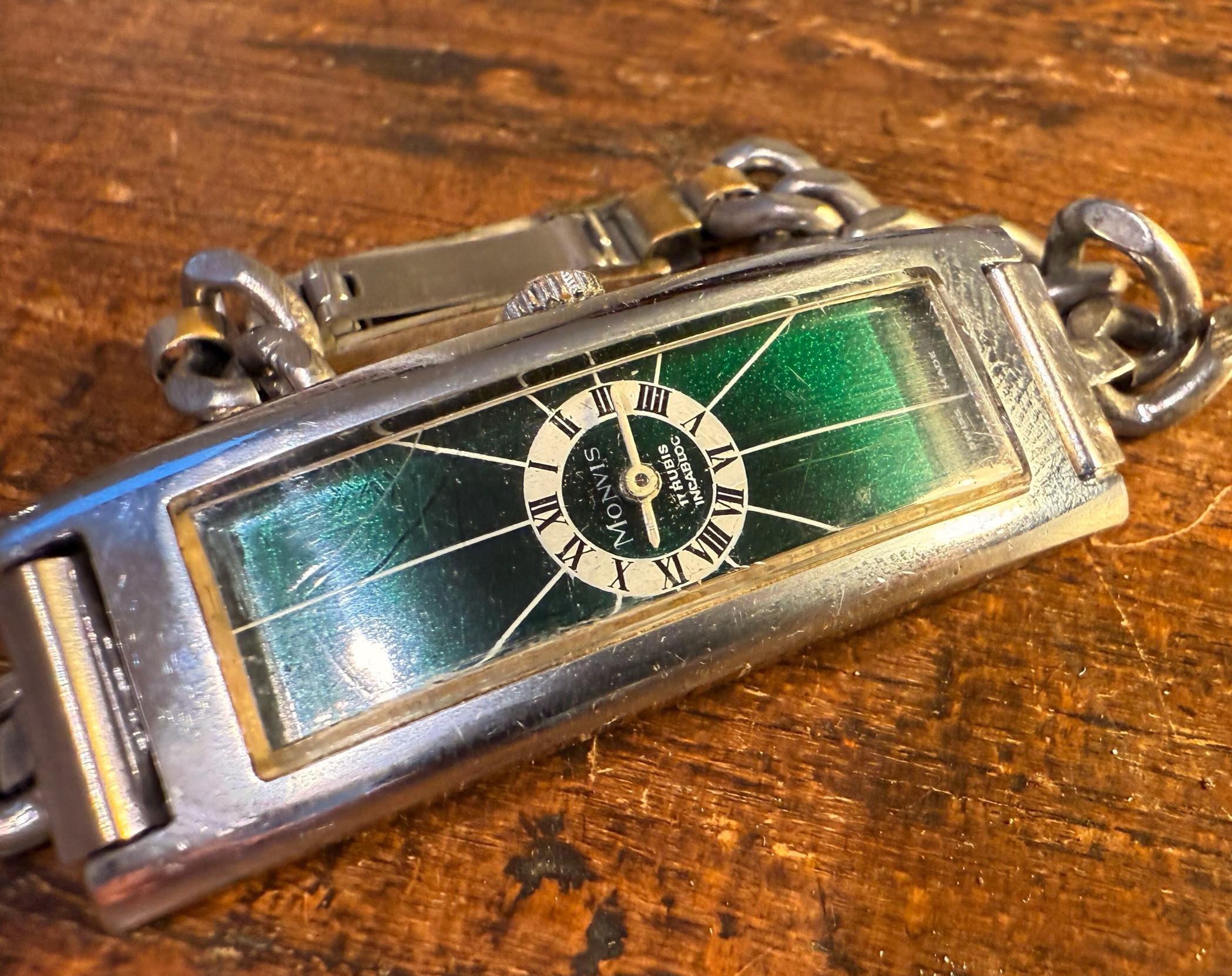 Gruen Curvex Silver Tone Swiss Watch Guilloche Enameled Dial Vintage Gruen Curvex Solid 14K White Gold Wrist Watch with  main image 3