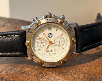 Vintage BMW Chronograph Quartz Watch with Superb White Dial – Classic Retro Car Collector Gift
