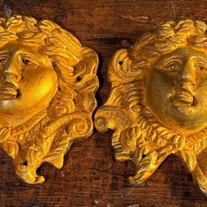 Antique French Ormolu Art Nouveau Lady Floral Wall Decor Pair, Vintage Furniture Hardware Salvage, Decorative Bronze Sculptures, Art