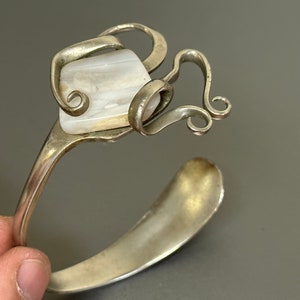 Vintage Silver Fork Bracelet Cuff with White Stone, Hand Made Alpaca Silco USA, Retro Designer Jewelry