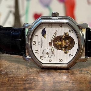 Rene Barton Moon Phase Watch, Automatic Mens Timepiece with White Dial