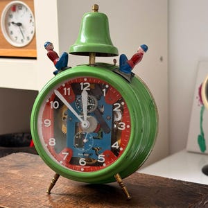 Vintage 1960s Green Jerger Busy Boy Windup Alarm Clock Made in W. Germany Retro Collectible