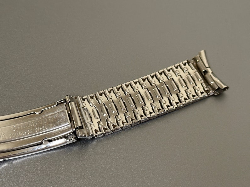 May include: A silver watch band with a clasp that says "Champlain" and "Stainless Steel" on it.