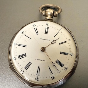 Antique Mauboussin a Belleme 1800s silver pocket watch | Vintage key winding men&#39;s collectible watch with Roman numerals and classic style