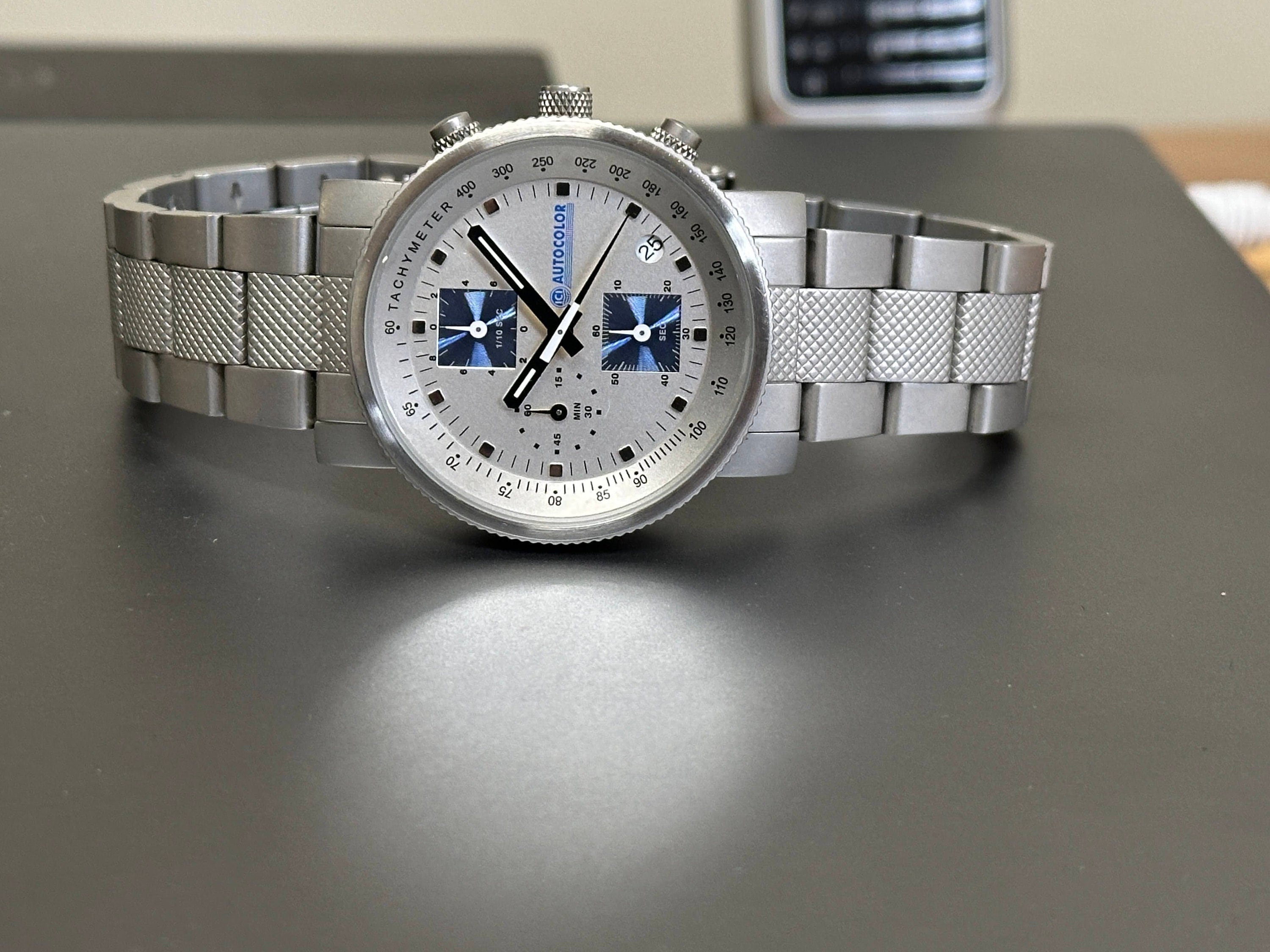 Chronographe à quartz autocolorant cal. Montre homme Miyota S110 40 mm en superbe état rare