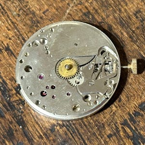 Pu&ograve; includere: Primo piano di un movimento di orologio, che mostra ingranaggi intricati, gioielli e una corona di carica. Il meccanismo color argento presenta un ingranaggio dorato e diversi piccoli gioielli rossi. Il movimento dell'orologio &egrave; su uno sfondo di legno.