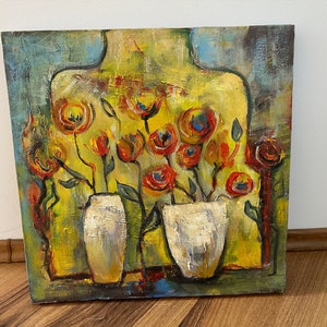 Yellow and Red Floral Oil Painting, Nature-Inspired Wall Art, Vibrant Flower Canvas Decor for Home & Office