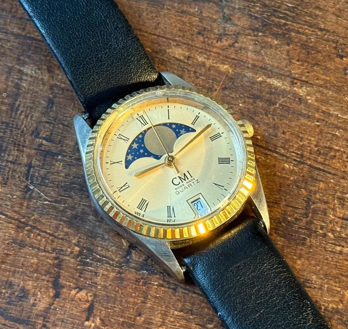 CMI Quartz Moon Phase Watch 33mm Gold Dial Steel Gold Tone