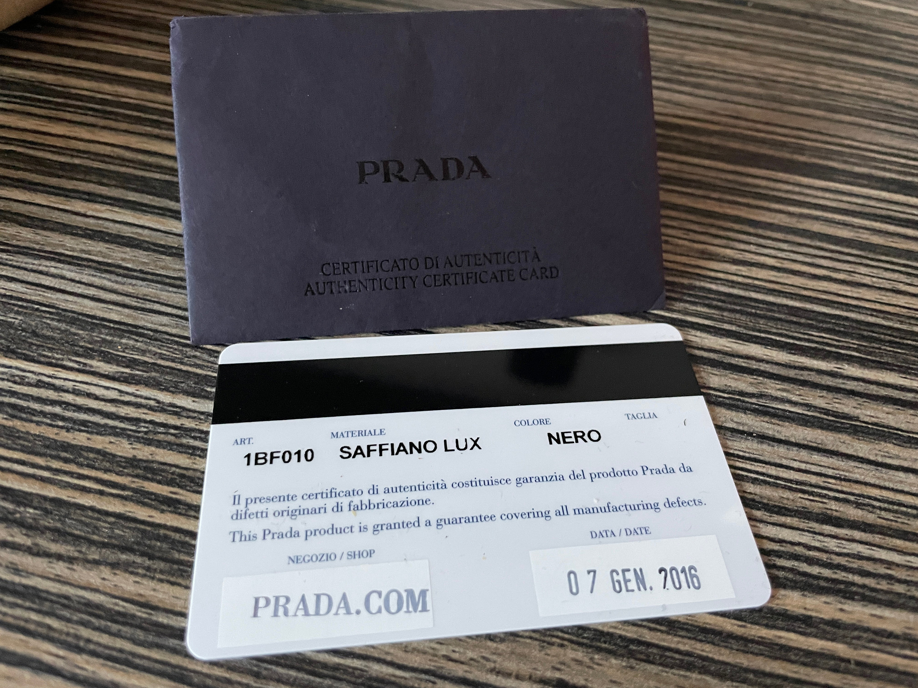Prada BAG PURSE 1BF010 Saffiano lux nero black Authenticity Card With Envelope, NO Bag