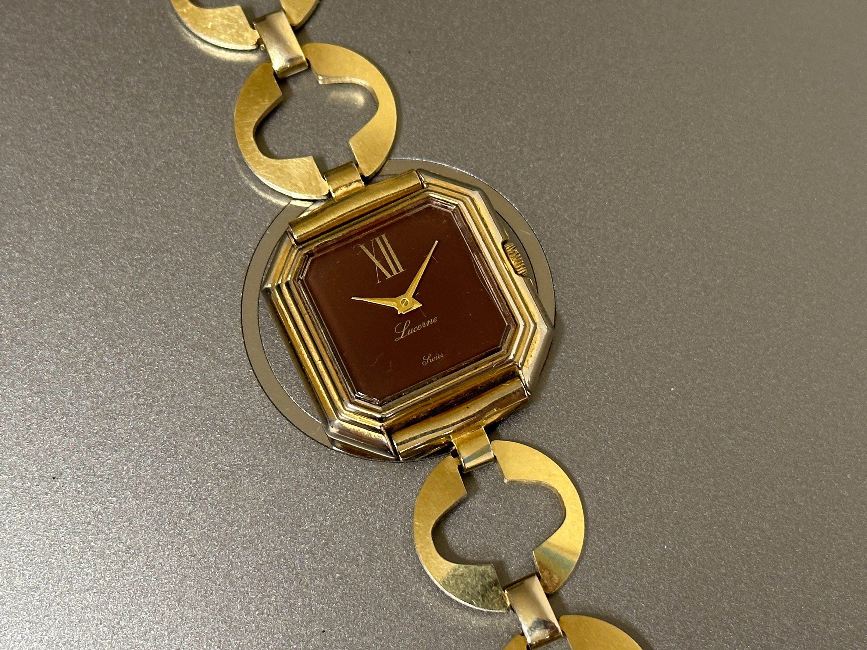 Swiss Made Lucerna Burgundy Mechanical Square Lady Watch - Elegant Women’s Vintage Timepiece