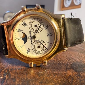 Vintage Jean D'Artan Paris Quartz Moon Phase Calendar Watch - Rare Gold Tone Case, Elegant Collectible Timepiece