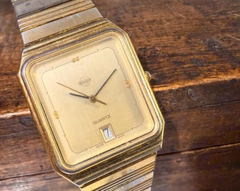 Vintage Swiss Made Quartz Tank Watch, Gold Tone Square Dial