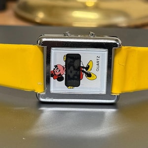 Mickey Minnie Watch, Vintage LCD LED Silver Yellow Tank Style
