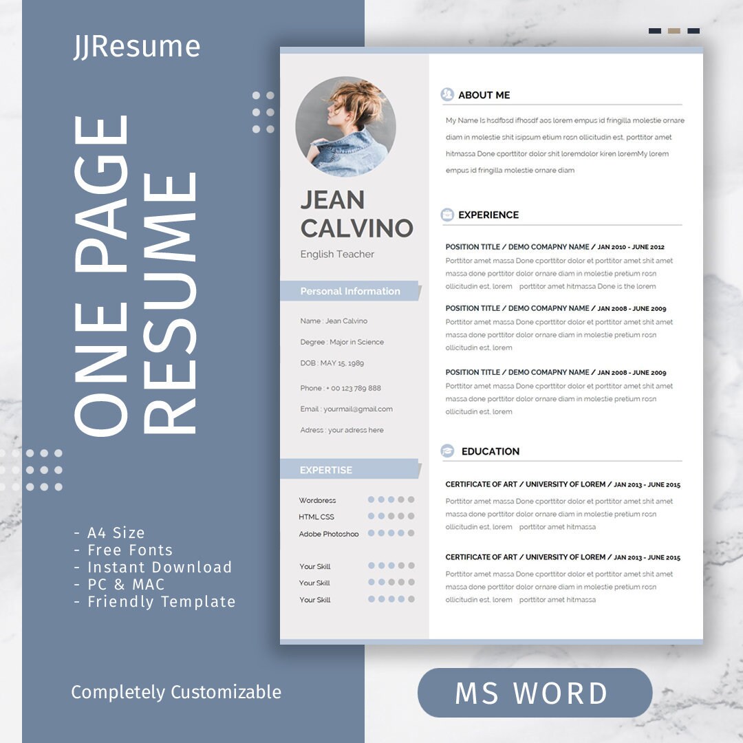 Modern Resume Template One Page Resume Creative Resume Etsy