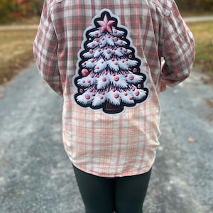 Pink Christmas Tree / Christmas Flannel/ Distressed Bleached Flannel Shirt / Bleached Flannel / Hand Bleached / Upcycled Flannel / Trendy