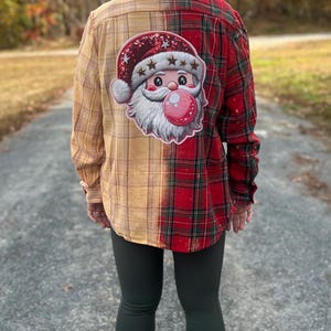 Santa Christmas / Christmas Flannel/ Distressed Bleached Flannel Shirt / Bleached Flannel / Hand Bleached / Upcycled Flannel / Trendy