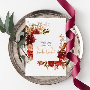 4 modèles de cartes, Rejoignez ma tribu de mariée, Soyez ma demoiselle d’honneur, Soyez ma demoiselle d’honneur, Fille de fleurs, Proposition de fête nuptiale, Mariage d’automne boho, Automne