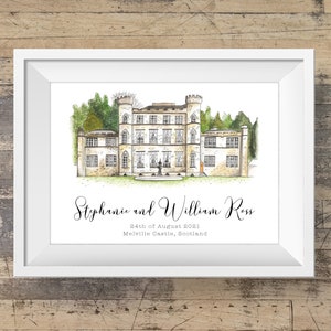May include: A watercolor illustration of Melville Castle in Scotland, a large stone building with a pointed roof and tall windows. The text below reads "Stephanie and William Ross, 24th of August 2021, Melville Castle, Scotland."