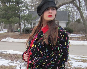 Velvet Quilted Jacket, 1980's, 90's by Karen Hart,Black Cotton Velvet With Red Corduroy Collar, Multi Color Yarn & Buttons Embellishment