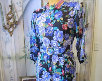 1980's Floral  Dress, Black Chiffon Party Dress,Matching Belt,Mid Calf,Shoulder Pads,The 80's Does The 40's/Mint Condition USA Made/Size 14