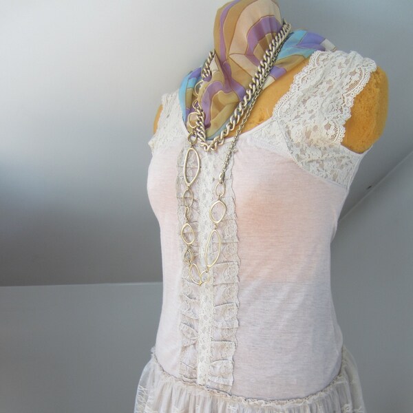 Summer Lace Outfit,  Coffee Color, Cap Sleeve Tunic Top and Tiered Skirt, FREE 1960's Chevron VERA Scarf and Free Gold Tone Chains  !!