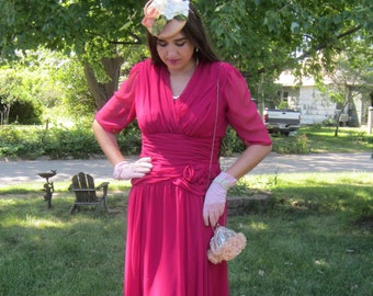 1980's Chiffon Dress, 1980's Does The 1940's,Fuschia Pink, Shoulder Pads , Poly Chiffon With Hip and Waist Ruching and Gathering
