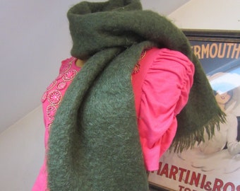 Mod Wool Scarf, 1960's Made in Scotland Shetland Wool Shawl/Scarf, Olive Green With Fringe Trim For Peck &Peck 5th Ave