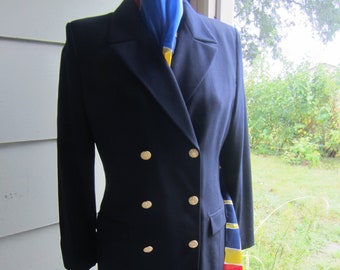 Liz Claiborne Suit, 1990's 100% Wool Double Breasted, Military Style Gold Buttons, Mint Condition, Long Pencil Skirt, FREE Silk Scarf !!