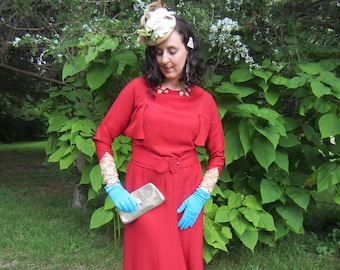 ON HOLD for Saira till May 8/ 1930's Red Dress ,Rhinestones on Collar ,Matching Belt, No Zippers ,Fascinating Design