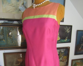 Silk Shift Dress, Y2K Does the 1960's , Sleeveless Fuchsia & Color Block Design, Bust and Bodice Darts, Classy and Chic. Talbots Size 12