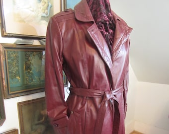 Etienne Aigner Leathe Coat, Late 70's Early 80's Signature Burgandy Leather Trench Coat, Epaulettes, Pockets, Tie Belt, Mid Calf, Size 10/12