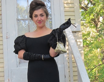 St John Knit Party Dress With Square Neck / Beaded Large Puff Sleeve/ Mint Condition and FREE Elbow Length Dress Gloves