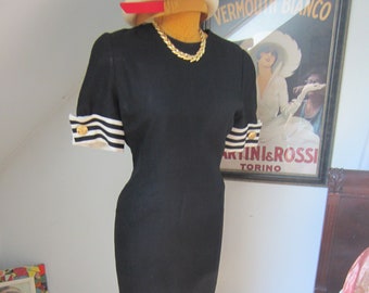 1980's Sailor Dress, Black and White Talbots, Linen and Rayon, Large Shoulder Pads, Striped Sleeve, Military Buttons, FREE  Gold Necklace  !