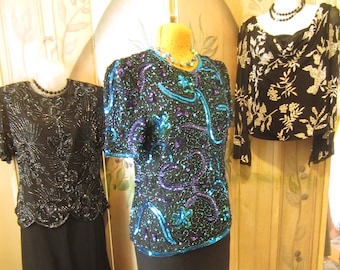 Three Sequined Blouses, Silk From India, Lot of Three, Size Large, White And Black Purple And Blue And Black On Black