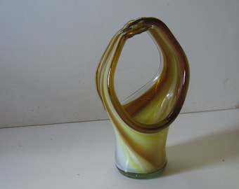 1970's Glass Vase, Hand Blown Art Glass , Yellow And Amber Basket Style Vase/Seven Inches Tall