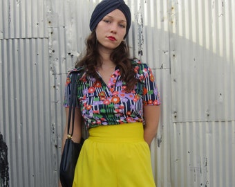 1970's Bell Bottoms, Complete  Outfit, Canary Yellow Elephant Bells, Matching 70's Poly Shirt and 70's Turban,Sold as a Set