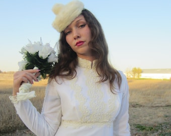 White Velvet Wedding Dress, 1960's  High Neck, Long Sleeves ,Ivory Lace Trim With Genuine White Mink 1950's Hat, 72 Inch Train, Mint