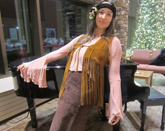 1960's Fringe Vest, Hippie Real Leather Suede, Tie Closure, Long Brown Fringe,Excellent Condition, Size Small to Medium. CLASSIC Hippie Vest