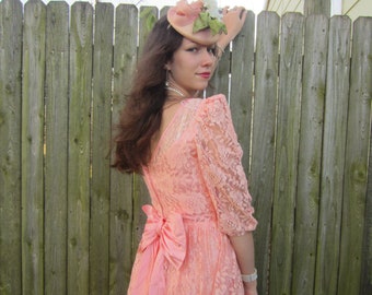 1980's Lace Dress, Peach Puff Sleeve Party Dress, V Shaped Bodice, Satin Bow On The Bum ,Beautiful Bridesmaid, Prom, Wedding Dress