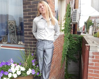 Men's Disco Outfit, Late 70's Early 80's,USA Made, Sharkskin Pants and Matching Polyester Disco Shirt, Beautiful Silver Gray, Sold as a Set