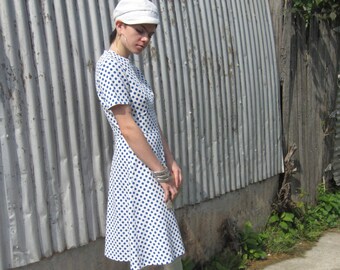 1960's Mod Mini Dress Hand Made Blue Polka Dot/ CLASSIC Mid 60's Polyester Mint Condition/ Size Small