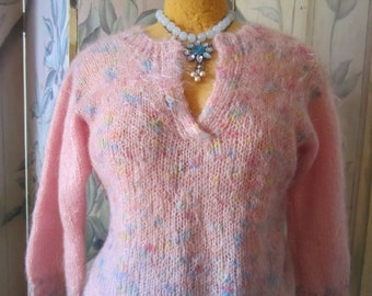 Mod Mohair Sweater,Mid Century Sweater/Cotton Candy Pink With Blue Dot Accents, Three Quarter length Sleeves, Open Neck, Beautiful Condition