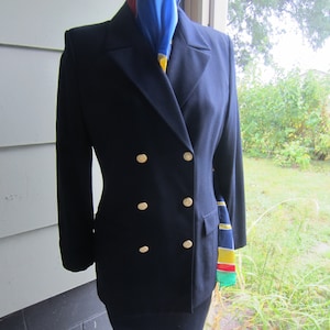 Liz Claiborne Suit, 1990&#39;s 100% Wool Double Breasted, Military Style Gold Buttons, Mint Condition, Long Pencil Skirt, FREE Silk Scarf !!