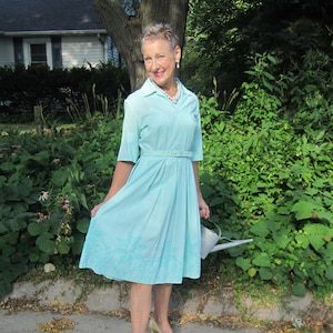 Gingham 60&#39;s Dress, Green Gingham, Pleated, Belted, Shirt Waist Dress, 100% Cotton,Star Embroidery Detail On Hem And Back/USA Made