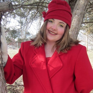 Red Wool Coat, 100% Wool, 1980&#39;s Two Button Classic Winter Coat, Shoulder Pads, Excellent Clean Condition,  With FREE Matching Wool Hat !