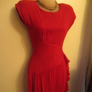 1980's Summer Dress, Sexy Red Hourglass, 80's Does the 50's,Shoulder Pads, Cap Sleeve, Asymmetrical Waistband,Side Ruffle, Kick Pleat XS image 1