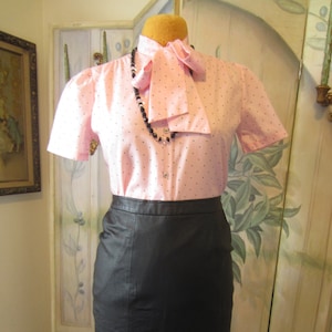 Polka Dot Blouse, 1970&#39;s  Pink Tie Bow Neck,Gathered Short Sleeve,Washable Poly &quot;Silk&quot;, Secretary Schoolteacher Blouse