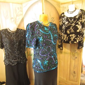 Three Sequined Blouses, Silk From India, Lot of Three, Size Large, White And Black Purple And Blue And Black On Black
