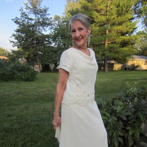 Ivory Crepe Dress, New Old Stock, Tags Intact, Silver Sequens, Scalloped Edge Bodice, Fully Lined,Ankle Length,&quot;SL Fashions Size 12